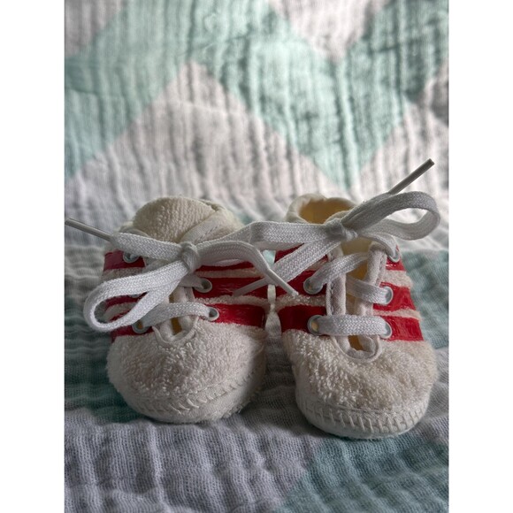 Vintage Red-Stripe Terry Cloth Baby Sneakers — Tiny Retro Track Stars - Picture 2 of 9